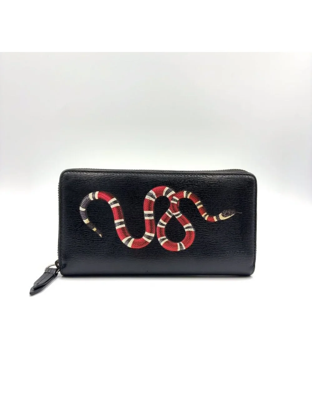 Gucci King Snake Zip Around Leather Black Red Wallet Gold